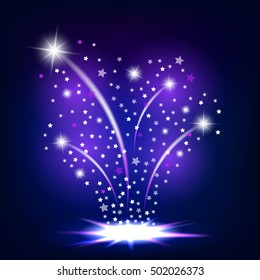 Magic fireworks with light effect on a blue background. Fountain of the glow and shine.