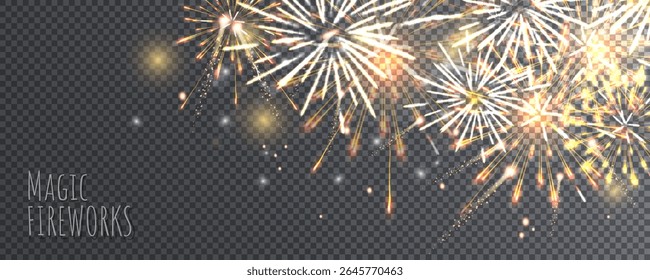 Magic fireworks in night sky. Banner with Christmas lights to celebrate traditional winter holiday. Design element for greeting card. Realistic vector illustration isolated on transparent background