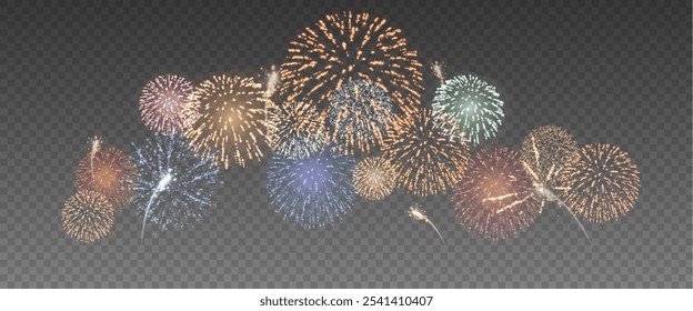 Fogos de artifício mágicos no céu noturno, fundo de Natal para design de férias, cartaz, cartão postal em um fundo transparente, png. Luzes de férias.