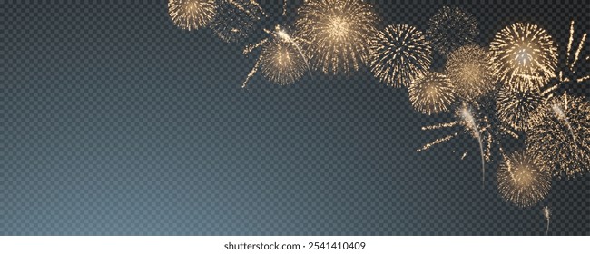 Magic fireworks in the night sky, Christmas background for holiday design, poster, postcard on a transparent background, png. Holiday lights.