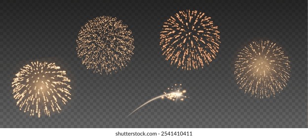 Fogos de artifício mágicos no céu noturno, fundo de Natal para design de férias, cartaz, cartão postal em um fundo transparente, png. Luzes de férias.