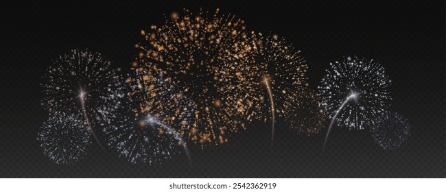 Fogos de artifício mágicos no céu noturno, fundo de Natal para design de férias, cartaz, cartão postal em um fundo transparente, png. Luzes de férias.