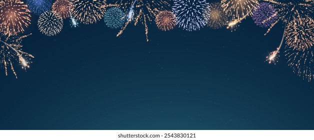 Fogos de artifício mágicos no céu noturno, fundo de Natal para design de férias, cartaz, cartão postal em um fundo transparente, png. Luzes de férias.