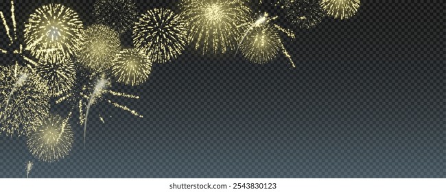 Fogos de artifício mágicos no céu noturno, fundo de Natal para design de férias, cartaz, cartão postal em um fundo transparente, png. Luzes de férias.