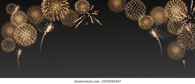 Fogos de artifício mágicos no céu noturno, fundo de Natal para design de férias, cartaz, cartão postal em um fundo transparente, png. Luzes de férias.