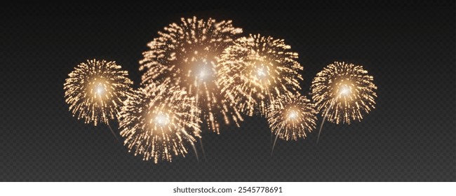 Fogos de artifício mágicos no céu noturno, fundo de Natal para design de férias, cartaz, cartão postal em um fundo transparente, png. Luzes de férias.