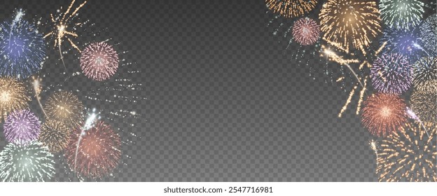 Fogos de artifício mágicos no céu noturno, fundo de Natal para design de férias, cartaz, cartão postal em um fundo transparente, png. Luzes de férias.