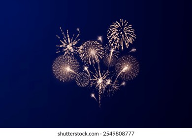 Fogos de artifício mágicos no céu noturno, fundo de Natal para design de férias, cartaz, cartão postal em um fundo transparente, png. Luzes de férias.