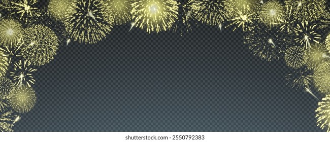 Fogos de artifício mágicos no céu noturno, fundo de Natal para design de férias, cartaz, cartão postal em um fundo transparente, png. Luzes de férias.