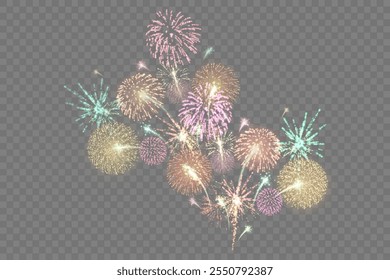 Fogos de artifício mágicos no céu noturno, fundo de Natal para design de férias, cartaz, cartão postal em um fundo transparente, png. Luzes de férias.