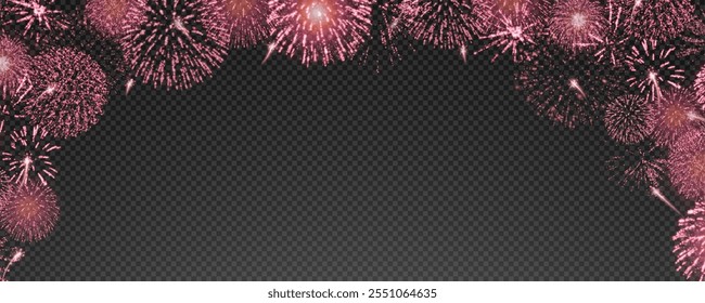 Fogos de artifício mágicos no céu noturno, fundo de Natal para design de férias, cartaz, cartão postal em um fundo transparente, png. Luzes de férias.