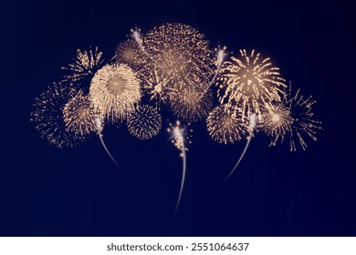 Fogos de artifício mágicos no céu noturno, fundo de Natal para design de férias, cartaz, cartão postal em um fundo transparente, png. Luzes de férias.