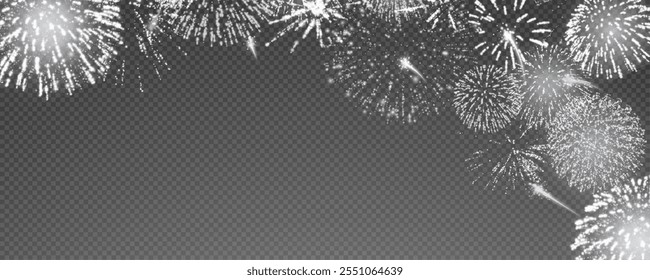 Fogos de artifício mágicos no céu noturno, fundo de Natal para design de férias, cartaz, cartão postal em um fundo transparente, png. Luzes de férias.