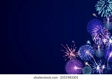 Fogos de artifício mágicos no céu noturno, fundo de Natal para design de férias, cartaz, cartão postal em um fundo transparente, png. Luzes de férias.