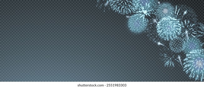 Fogos de artifício mágicos no céu noturno, fundo de Natal para design de férias, cartaz, cartão postal em um fundo transparente, png. Luzes de férias.