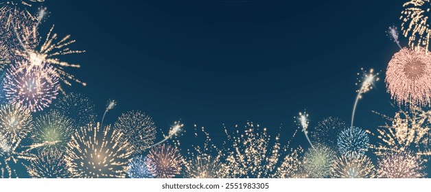 Fogos de artifício mágicos no céu noturno, fundo de Natal para design de férias, cartaz, cartão postal em um fundo transparente, png. Luzes de férias.