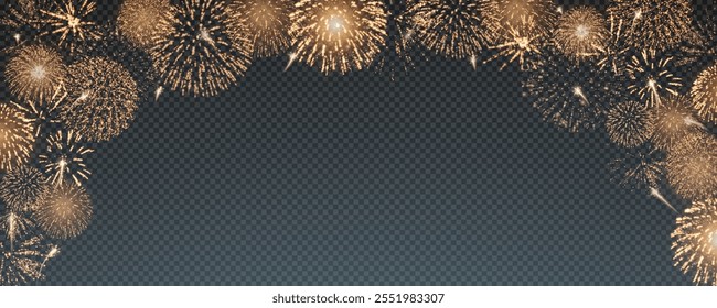 Fogos de artifício mágicos no céu noturno, fundo de Natal para design de férias, cartaz, cartão postal em um fundo transparente, png. Luzes de férias.