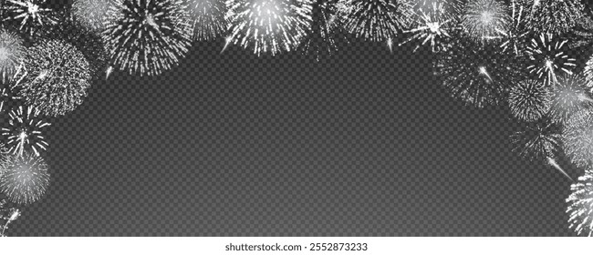 Fogos de artifício mágicos no céu noturno, fundo de Natal para design de férias, cartaz, cartão postal em um fundo transparente, png. Luzes de férias.