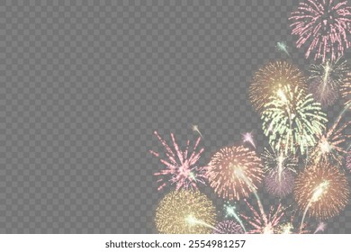 Magic fireworks in the night sky, Christmas background for holiday design, poster, postcard on a transparent background, png. Holiday lights.