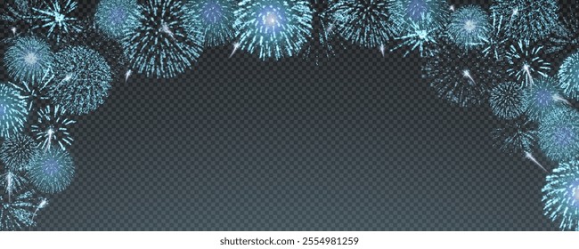 Magic fireworks in the night sky, Christmas background for holiday design, poster, postcard on a transparent background, png. Holiday lights.