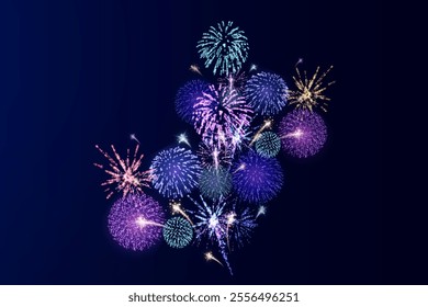 Magic fireworks in the night sky, Christmas background for holiday design, poster, postcard on a transparent background, png. Holiday lights.