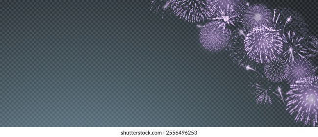 Magic fireworks in the night sky, Christmas background for holiday design, poster, postcard on a transparent background, png. Holiday lights.