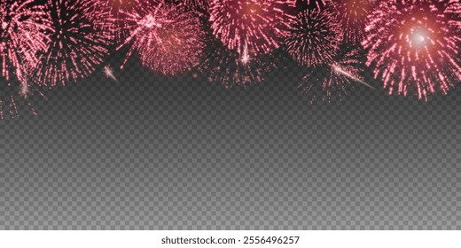 Magic fireworks in the night sky, Christmas background for holiday design, poster, postcard on a transparent background, png. Holiday lights.