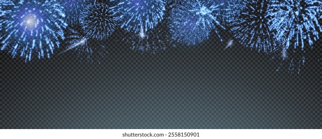 Magic fireworks in the night sky, Christmas background for holiday design, poster, postcard on a transparent background, png. Holiday lights.