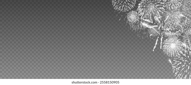 Magic fireworks in the night sky, Christmas background for holiday design, poster, postcard on a transparent background, png. Holiday lights.