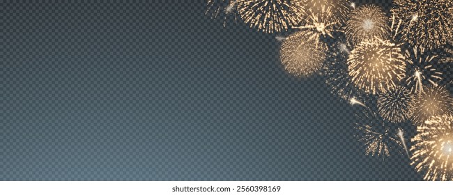 Magic fireworks in the night sky, Christmas background for holiday design, poster, postcard on a transparent background, png. Holiday lights.