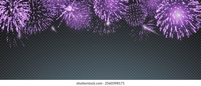 Magic fireworks in the night sky, Christmas background for holiday design, poster, postcard on a transparent background, png. Holiday lights.