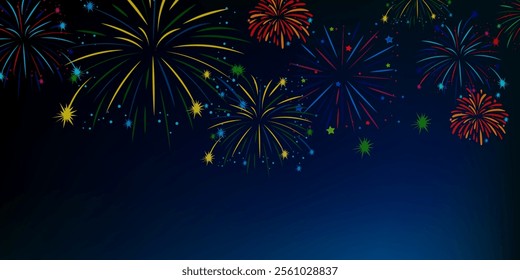 Magic fireworks in the night sky, Christmas background for holiday design, poster, postcard on a blue night sky background, Png. Holiday lights, Pyrotechnics and fireworks banner with holiday.