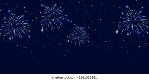 Magic fireworks in the night sky, Christmas background for holiday design, poster, postcard on a blue night sky background, Png. Holiday lights, Pyrotechnics and fireworks banner with holiday.