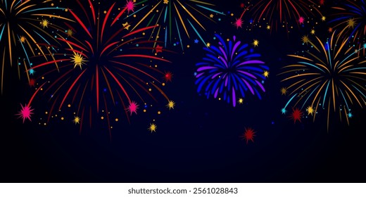 Magic fireworks in the night sky, Christmas background for holiday design, poster, postcard on a blue night sky background, Png. Holiday lights, Pyrotechnics and fireworks banner with holiday.