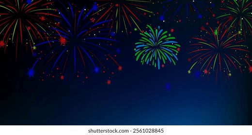 Magic fireworks in the night sky, Christmas background for holiday design, poster, postcard on a blue night sky background, Png. Holiday lights, Pyrotechnics and fireworks banner with holiday.