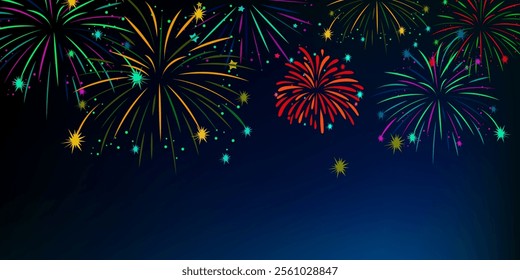 Magic fireworks in the night sky, Christmas background for holiday design, poster, postcard on a blue night sky background, Png. Holiday lights, Pyrotechnics and fireworks banner with holiday.