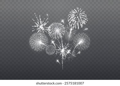 Magic fireworks in the night sky, Christmas background for holiday design, poster, postcard on a transparent background, png. Holiday lights.