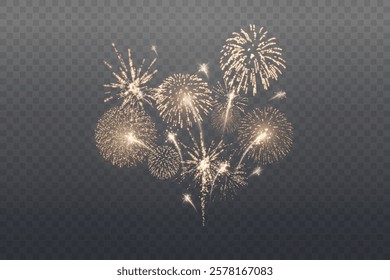 Magic fireworks in the night sky, Christmas background for holiday design, poster, postcard on a transparent background, png. Holiday lights.