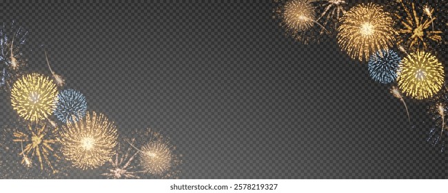 Magic fireworks in the night sky, Christmas background for holiday design, poster, postcard on a transparent background, png. Holiday lights.