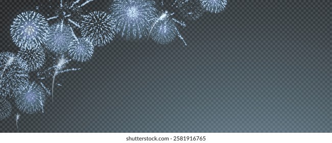 Magic fireworks in the night sky, Christmas background for holiday design, poster, postcard on a transparent background, png. Holiday lights.