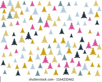 Magic firs landscape for christmas card background. Forest panorama with pink gold blue christmas trees vector landscape illustration. Christmas background design with fir trees, spruce silhouettes.