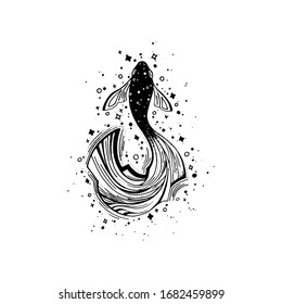 Magic fish. Hand drawn black vector sketch, surreal design for apparel. Vintage vector illustration, isolated on white background