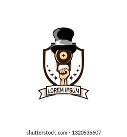 Magic fitness badge logo. Kettlebell wearing magician hat. Stong hand lift kettlebell