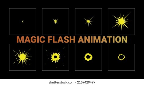 Magic flash explosion animation. Magic light sprite sheet for video games, cartoon film, app. EPS-10 Vector illustration.