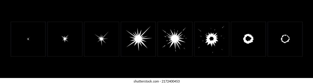 Magic flash explosion animation. Shiny spark effect. Sprite sheet for video games, cartoon film, app. EPS-10 Vector illustration.