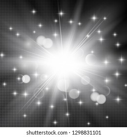Magic flash of light with bright sparkles and bokeh.  Transparent light effects in vector