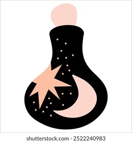 Magic flask with elixir vector illustration, potion bottle closed with a cork, stars and moon, black flask illustration