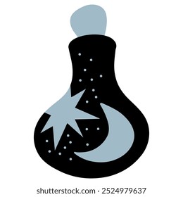 Magic flask with elixir vector illustration, potion bottle closed with a cork, stars and moon, black and blue flask illustration 