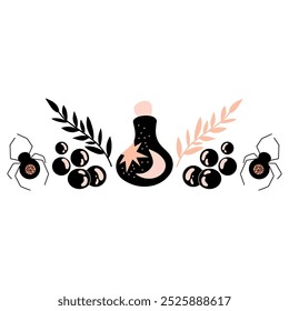 Magic flask surrounded by twigs, spiders and pearls vector illustration