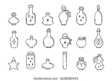 Magic flasks, bottles and jars doodle hand drawn icon set. Outline drawing line clipart symbol collection. Vector illustration